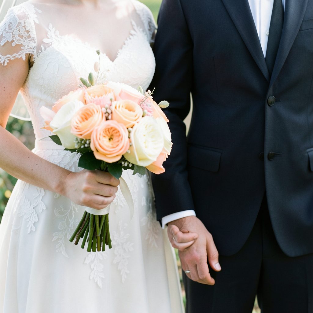 Close-up of a bride in a lace dress holding a peach and cream bouquet, arm in arm with a groom in a dark suit, soft natural light
