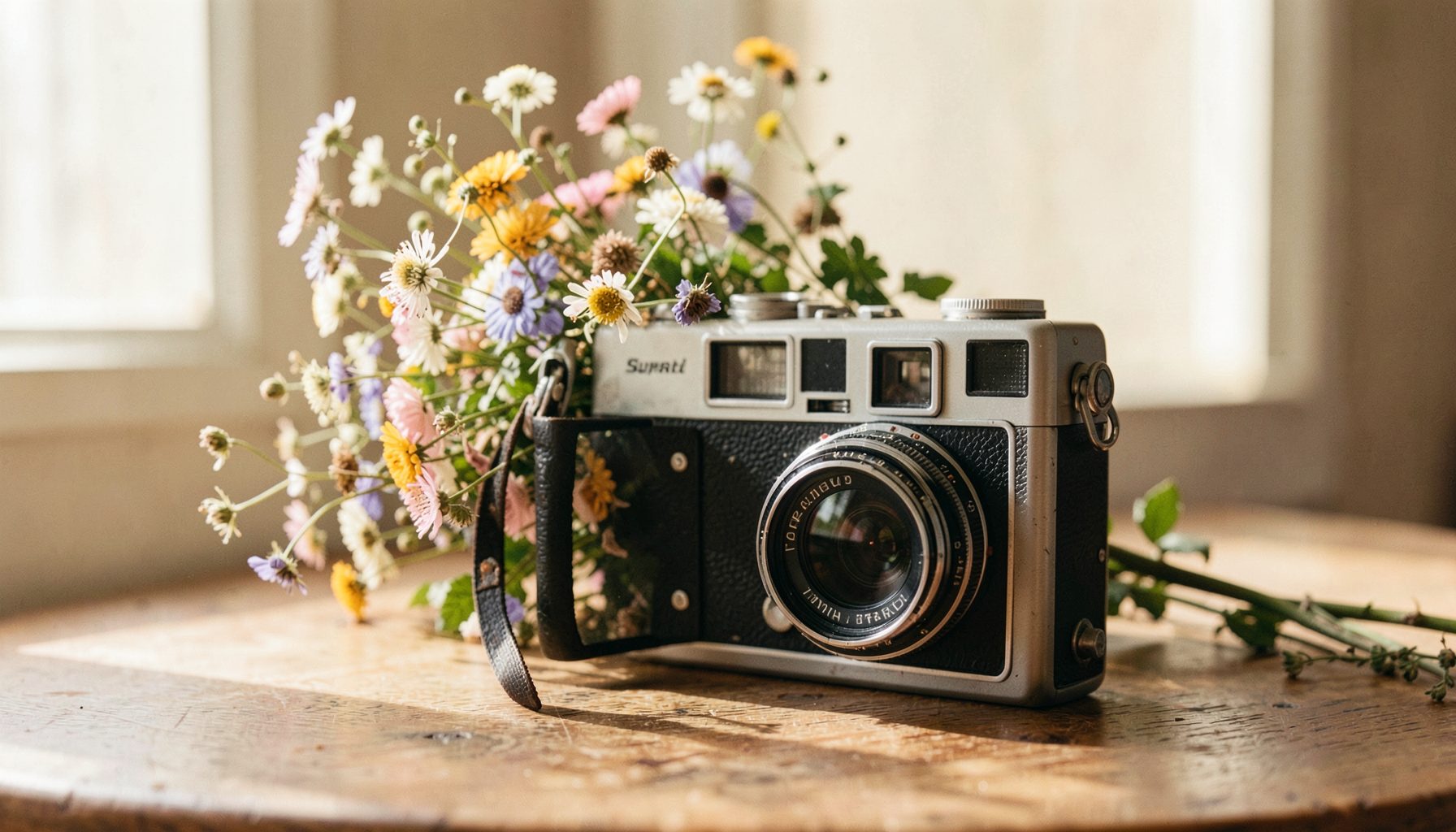 A vintage Super 8 film camera resting on a wooden surface beside a bouquet of wildflowers, soft natural window light, cream tones