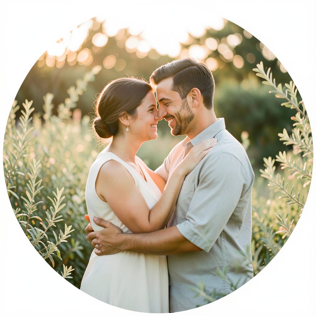 A circular portrait of a couple embracing in warm evening light, surrounded by soft greenery, intimate and tender mood