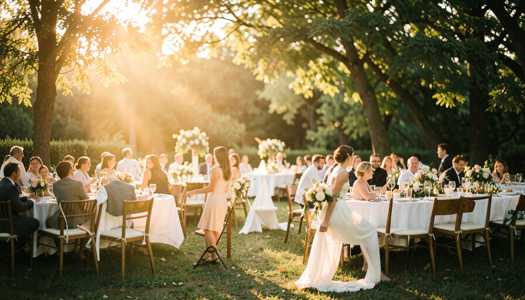 Soft golden-hour light filtering through trees at an outdoor wedding reception, warm amber and green tones, romantic mood