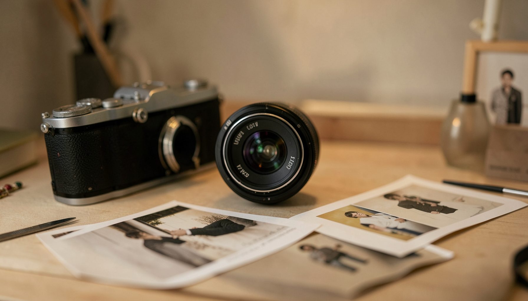 Softly lit workspace with a film camera, lens, and scattered prints in warm neutral tones