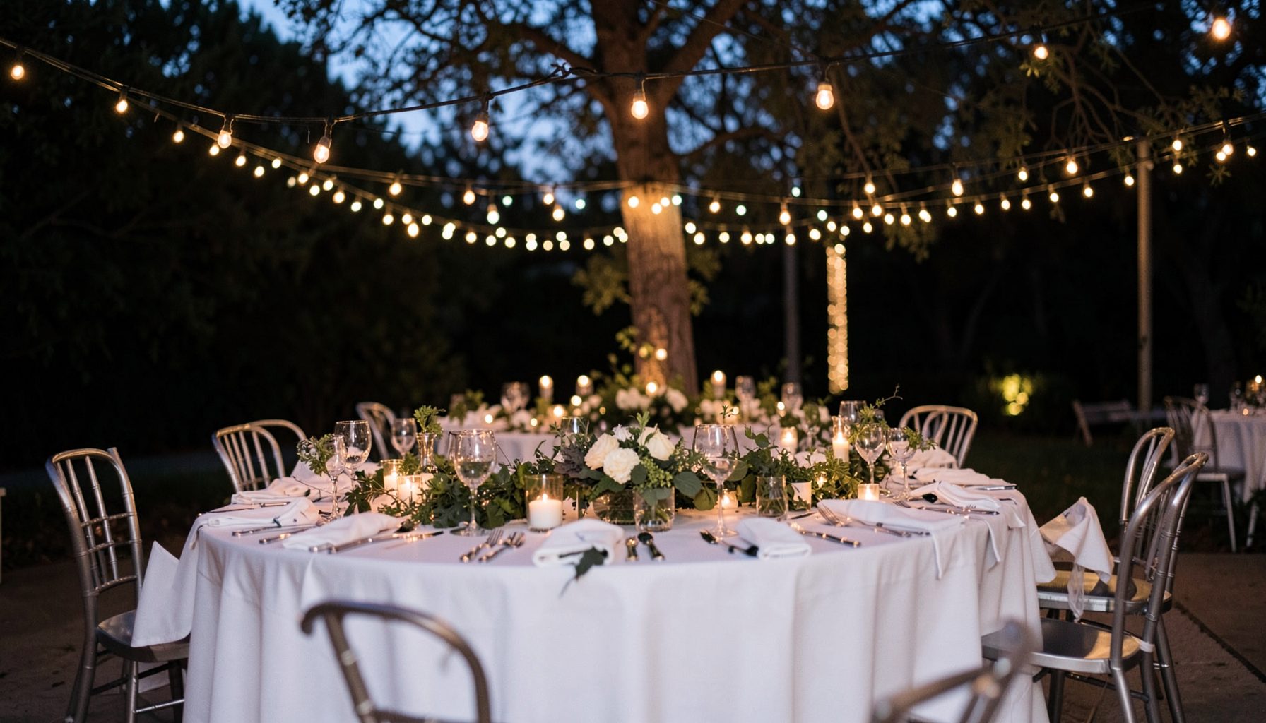 A long reception table set under string lights at dusk, white linens and greenery centerpieces, warm and elegant evening atmosphere