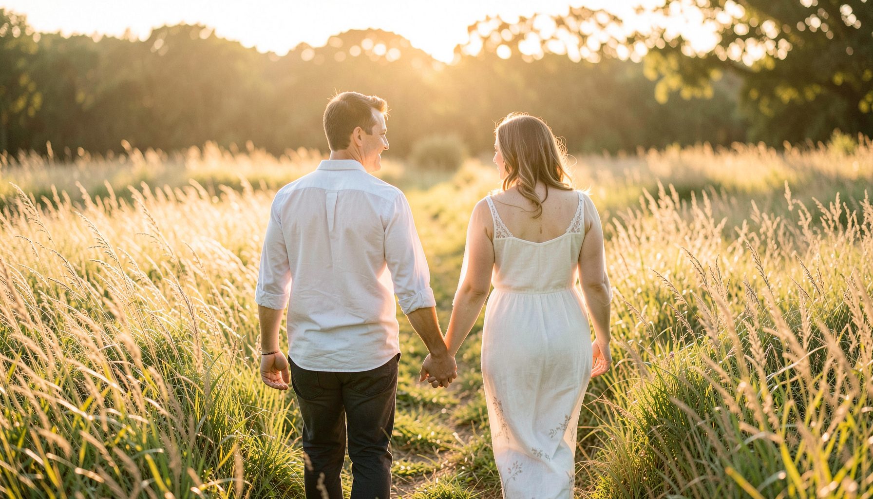 A couple walking hand in hand through a sunlit field of tall grass, golden hour glow, soft and romantic natural setting
