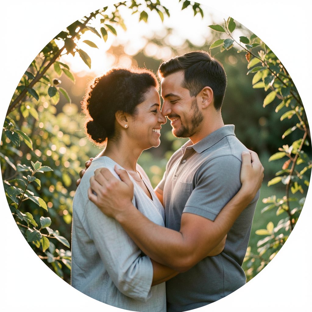 A circular portrait of a couple embracing in warm evening light, surrounded by soft greenery, intimate and tender mood