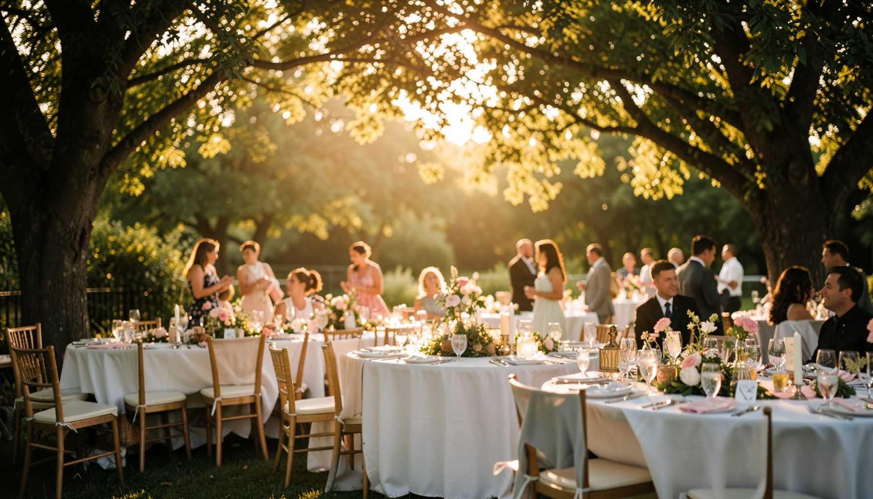 Soft golden-hour light filtering through trees at an outdoor wedding reception, warm amber and green tones, romantic atmosphere