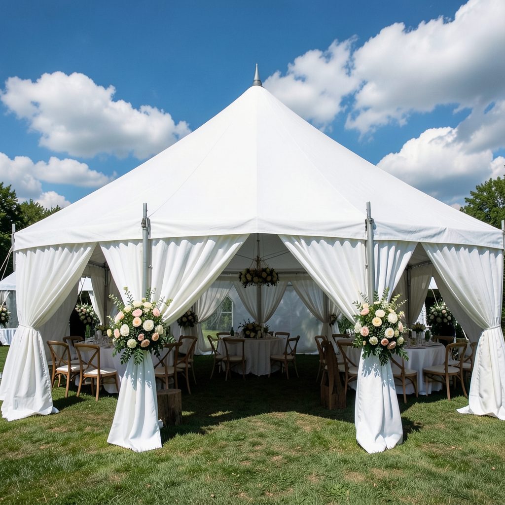 Large white event tent with draped curtains and floral arrangements, set against a blue sky with clouds, elegant outdoor reception
