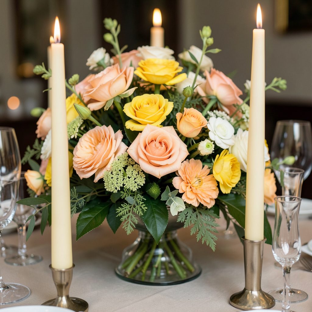 Close-up of a lush floral centerpiece with peach, yellow, and white flowers, greenery, and lit taper candles on a table
